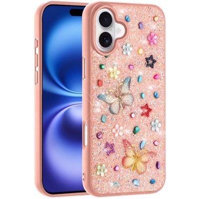 For iPhone 17 Butterfly Ornaments Diamond Bling Glitter Hybrid  Case - Light Pink