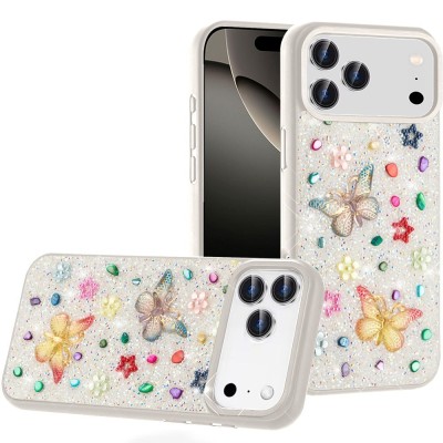 For iPhone 17 Butterfly Ornaments Diamond Bling Glitter Hybrid  Case - White