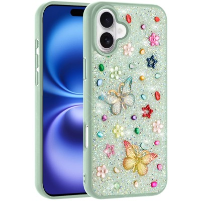 For iPhone 17 Butterfly Ornaments Diamond Bling Glitter Hybrid  Case - Teal