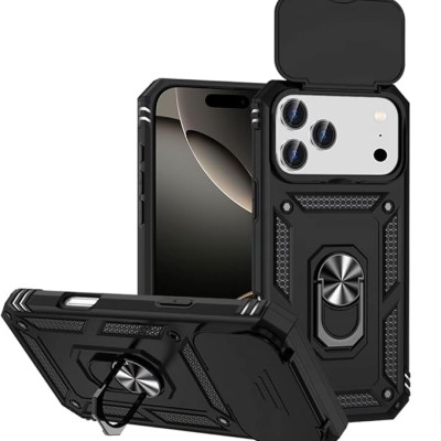 For iPhone 17 Well Protective Magentic Ring Stand Camera  Protective Cover Case - Black