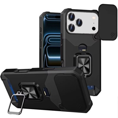 For iPhone 17 Pro Max Multi-Functional Card Magnetic Ring Stand  Hybrid Camera Case Cover - Black