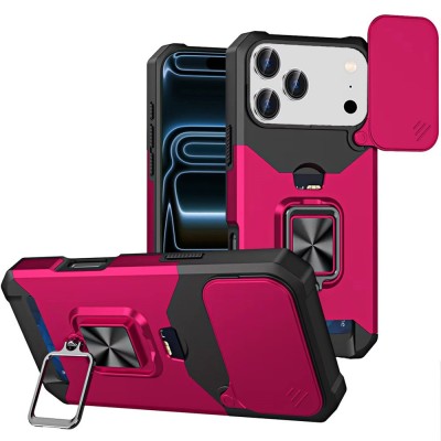 For iPhone 17 Pro Max Multi-Functional Card Magnetic Ring Stand  Hybrid Camera Case Cover - Hot Pink