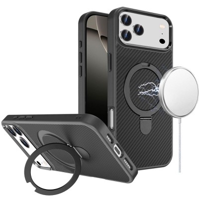 For iPhone 17 Carbon Design [Magnetic Circle] with Ring Stand  Hybrid Case - Black