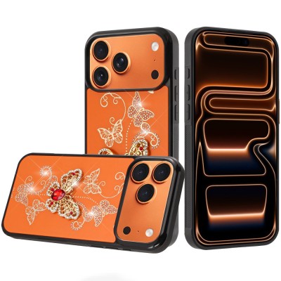 For iPhone 17 Pro Max SPLENDID Diamond Glitter Ornaments Engraving Case Cover - Garden Butterflies Cosmic Orange