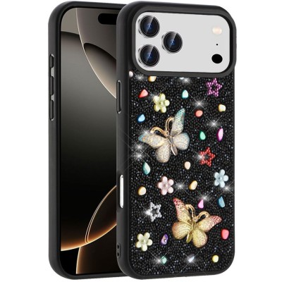 For iPhone 17 Cute Butterfly Ornaments Diamonds Shimmer  Matching Metallic HQ Hybrid - Black