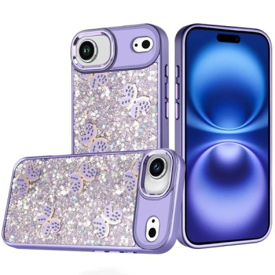 For iPhone 17 Cute Butterfly Ornaments Diamonds Shimmer  Matching Metallic HQ Hybrid - Dark Purple