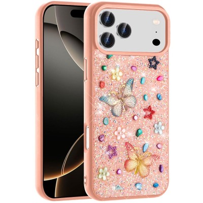 For iPhone 17 Cute Butterfly Ornaments Diamonds Shimmer  Matching Metallic HQ Hybrid - Pink