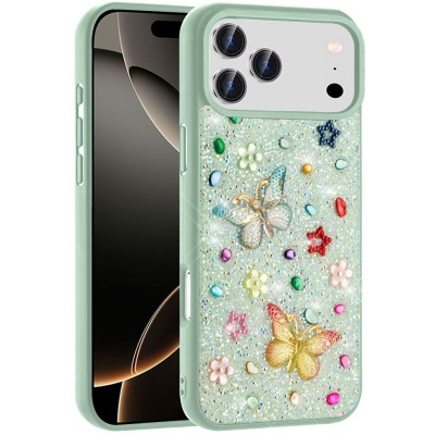 For iPhone 17 Cute Butterfly Ornaments Diamonds Shimmer  Matching Metallic HQ Hybrid - Teal