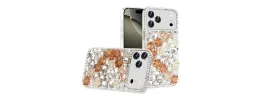 For iPhone 17 Pro Rose Flower Full Diamond Bling Stones - Gold