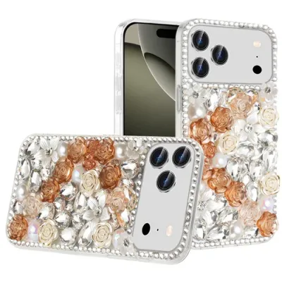 For iPhone 17 Pro Rose Flower Full Diamond Bling Stones - Gold