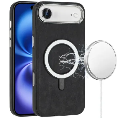 For iPhone 17 Fashion Chrome Edged Camera [Magnetic Circle] PU  Leather Hybrid - Black