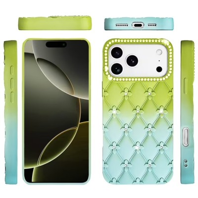 For iPhone 17 Floral Joy Glitter Shimmer Leather Feel Thick TPU  Case - Light Green/Teal