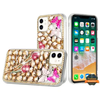 For iPhone 17 Full Diamond with Ornaments Case Cover - Gold  Panda Floral