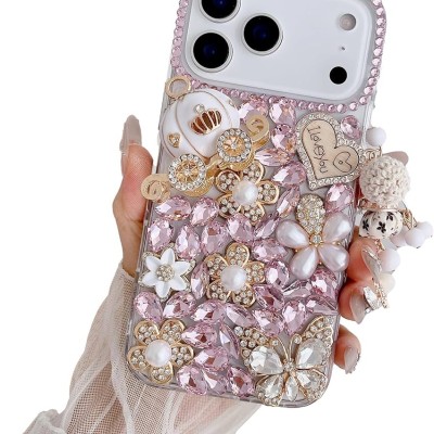 For iPhone 17 Full Diamond with Ornaments Case Cover - Gold  Swan Crown Pear