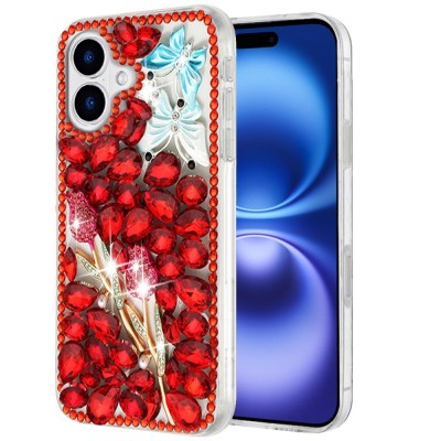 For iPhone 17 Full Diamond with Ornaments Case Cover - Red  Exquisite Garden