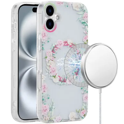 For iPhone 17 [Magnetic] Double Layer Design IMD Case  Green/Pink Floral