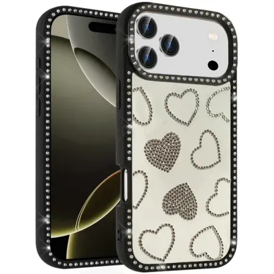 For iPhone 17 Spread Love Glitter Shimmer Diamond Edged Hybrid  Case - Black