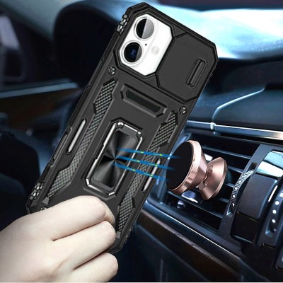 For iPhone 17 Utter Tough Metal Ring Movable Camera Window  Hybrid Case Cover - Black
