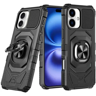 For iPhone 17 Robotic Hybrid with Magnetic Ring Stand Case Cover- Black