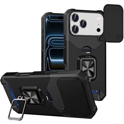 For iPhone 17 Multi-Functional Card Magnetic Ring Stand Hybrid  Camera Case Cover - Black