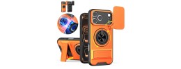 For iPhone 17 Multi-Functional Card Magnetic Ring Stand Hybrid Camera Case Cover - Cosmic Orange