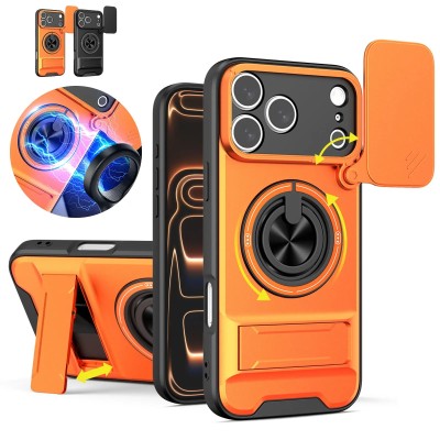For iPhone 17 Multi-Functional Card Magnetic Ring Stand Hybrid Camera Case Cover - Cosmic Orange