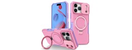 For iPhone 17 Multi-Functional Card Magnetic Ring Stand Hybrid  Camera Case Cover - Hot Pink