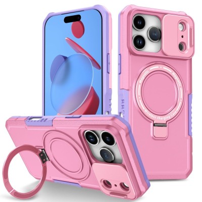 For iPhone 17 Multi-Functional Card Magnetic Ring Stand Hybrid  Camera Case Cover - Hot Pink