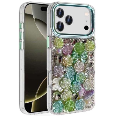 For iPhone 17 Muti-Color Floral Bling Stones Ornaments Case  Green
