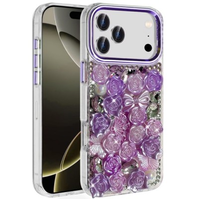 For iPhone 17 Muti-Color Floral Bling Stones Ornaments Case  Purple