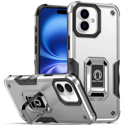 For iPhone 17 OPTIMUM Magnetic Ring Stand Hybrid Case Cover  Silver