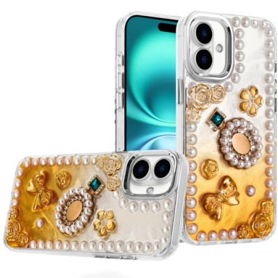 For iPhone 17 Pearls Epoxy Glitter Ornaments Design Chrome  Edged Case - 8