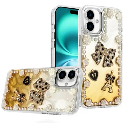 For iPhone 17 Pearls Epoxy Glitter Ornaments Design Chrome  Edged Case - 9