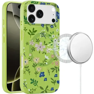 For iPhone 17 Pro [Magnetic] Double Layer Design IMD Case  Green Floral