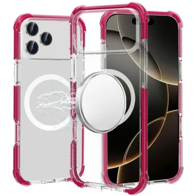 For iPhone 17 Pro Acrylic [Magnetic Circle] Tough 2.5mm  Transparent ShockProof Hybrid - Hot Pink