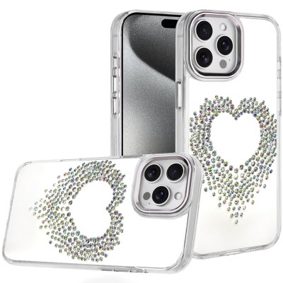 For iPhone 17 Pro Angel Hearts Bling Shimmer Colorful Glitter  Chrome Edged Hybrid Case - Silver