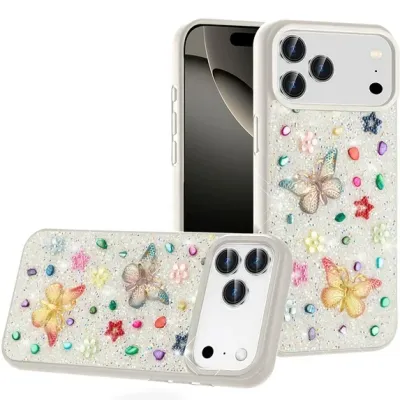 For iPhone 17 Pro Butterfly Ornaments Diamond Bling Glitter Hybrid  Case - White