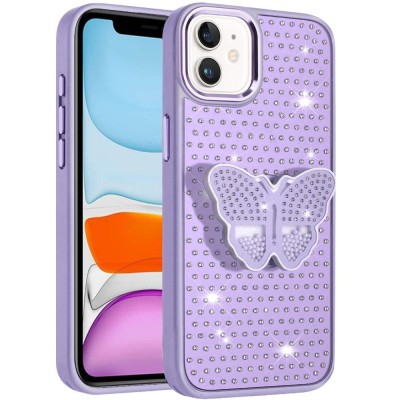 For iPhone 17 Pro Butterfly Moveable Grip Stand With Small  Diamonds Meta Buttons HQ Hybrid - Purple