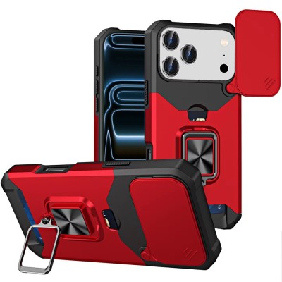 For iPhone 17 Pro Multi-Functional Card Magnetic Ring Stand Hybrid  Camera Case Cover - Red