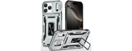 For iPhone 17 Pro Max Utter Tough Metal Ring Movable Camera  Window Hybrid Case Cover - Silver