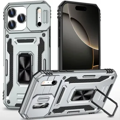 For iPhone 17 Pro Max Utter Tough Metal Ring Movable Camera  Window Hybrid Case Cover - Silver