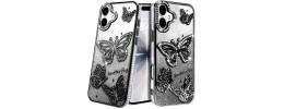 For iPhone 17 Pro Cute Butterfly Ornaments Diamonds Shimmer  Matching Metallic HQ Hybrid - Black