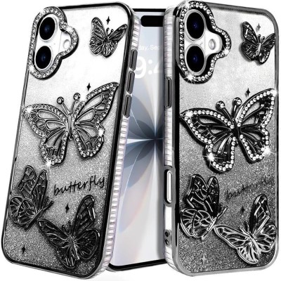 For iPhone 17 Pro Cute Butterfly Ornaments Diamonds Shimmer  Matching Metallic HQ Hybrid - Black