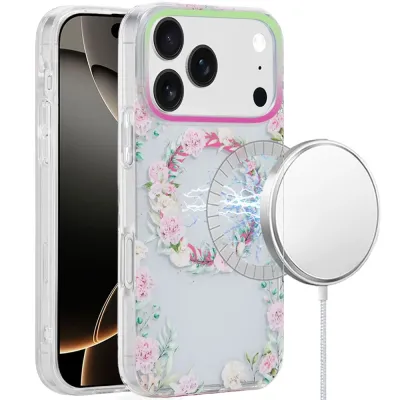 For iPhone 17 Pro Max [Magnetic] Double Layer Design IMD Case  Green/Pink Floral