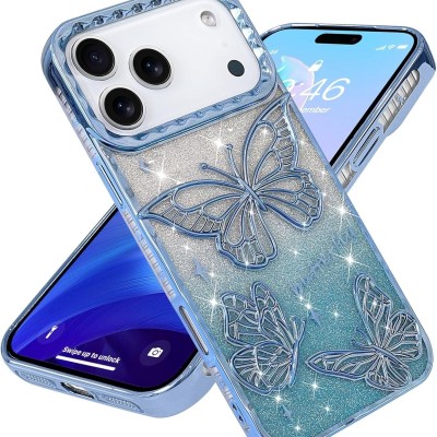 For iPhone 17 Pro Lavished Floral Butterfly Bling Stones Hybrid  Case - Blue