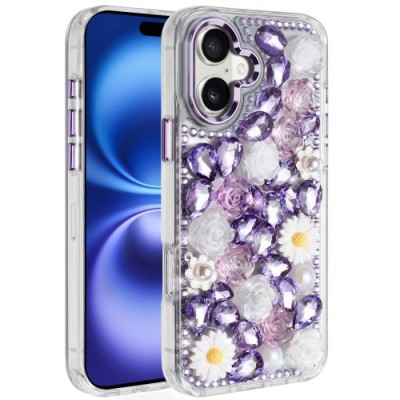For iPhone 17 Pro Lavished Floral Butterfly Bling Stones Hybrid  Case - Purple