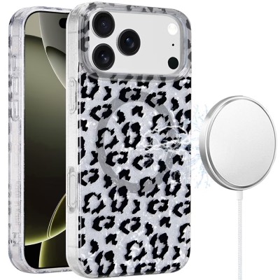 For iPhone 17 Pro [Magnetic] Double Layer Design IMD Case  Silver Leopard