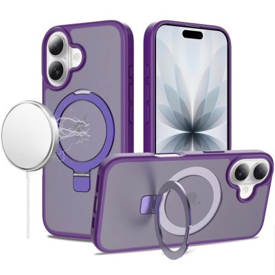 For iPhone 17 Pro Magnetic Matching Ring Stand Full Rotation Matte Hybrid - Dark Purple