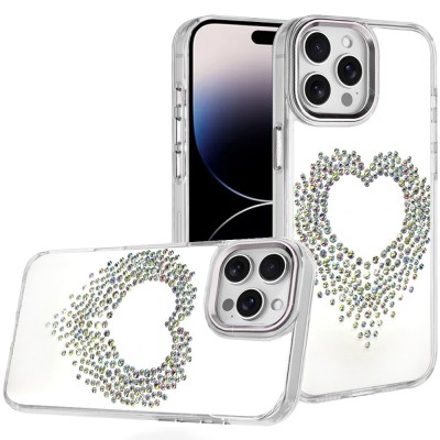 For iPhone 17 Pro Max Angel Hearts Bling Shimmer Colorful Glitter  Chrome Edged Hybrid Case - Silver