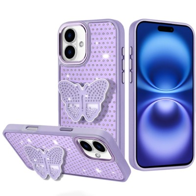 For iPhone 17 Pro Max Butterfly Moveable Grip Stand With Small  Diamonds Meta Buttons HQ Hybrid - Purpl